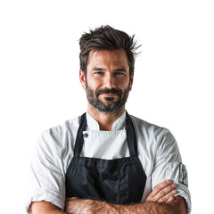 Wall Mural - Portrait of a smiling male chef in a pose with arms crossed, isolated on a transparent background