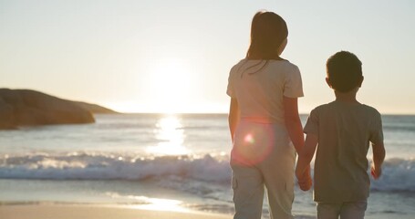 Poster - Back, beach or holding hands with a brother and sister on the sand by the ocean at sunset together. Family, love or vacation with a girl and boy sibling outdoor on the coast for summer holiday