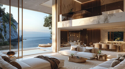Aufkleber - Luxury modern living room, super high ceiling, with luxurious furniture, with cast brass details, big luxurious bed, cliff view. Generative AI.