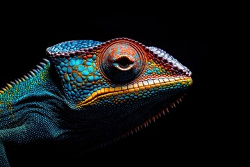 Photo of a colourful chameleon isolated against a black background, emphasising the chameleon's majestic features. Wildlife and conservation concept, space for copy.