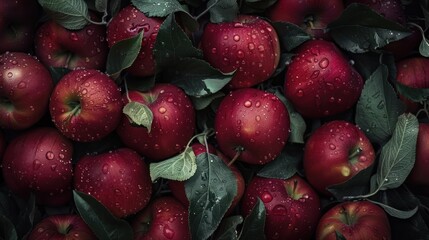 Poster - Close-Up of Red Apples with Water Drops and Green Leaves