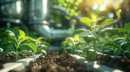 Poster - A plants sprouting, sense of technology and nature. Generative AI.