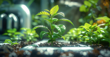 Poster - A plants sprouting, sense of technology and nature. Generative AI.