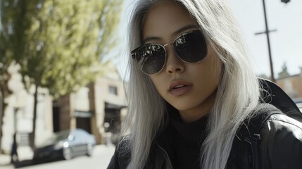 Canvas Print - Young woman with silver hair wearing sunglasses on city street