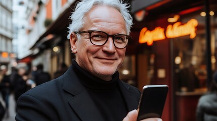 A middle-aged Caucasian man with grey hair and glasses smiles while holding a smartphone in a bustling urban street scene.