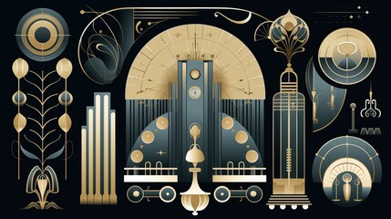 Wall Mural - A collection of elegant art deco-inspired designs featuring geometric shapes, floral motifs, and intricate patterns in gold and teal colors against a dark background.