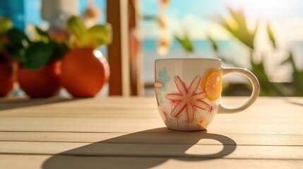 A stock photo of a white blank coffee mug mockup with a summer theme Generative AI