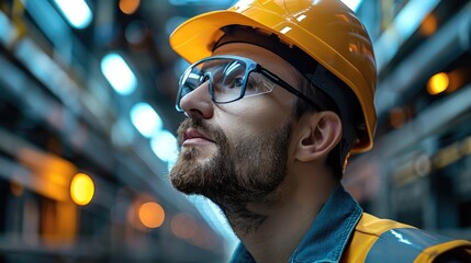 Aufkleber - Worker in hard hat and glasses gazes at overhead light network. Generative AI.