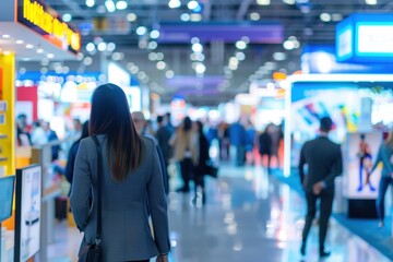 Vibrant crowd at a business expo, with blurred movement and copy space emphasizing the dynamic environment.