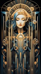 Wall Mural - A stylized, art deco-inspired illustration featuring a serene woman with flowing hair, surrounded by geometric shapes and ornate details. 