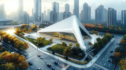 Aufkleber - A modern triangular shaped museum building on the edge of an urban park, surrounded by road and footpath in front and behind it with tall buildings around it, aerial view. Generative AI.