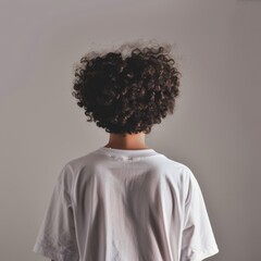 Poster - Young man with curly hair standing against a plain background