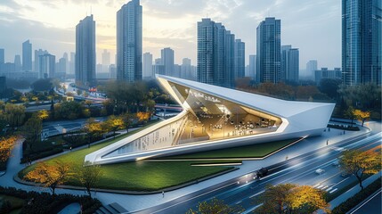 Aufkleber - A modern triangular shaped museum building on the edge of an urban park, surrounded by road and footpath in front and behind it with tall buildings around it, aerial view. Generative AI.