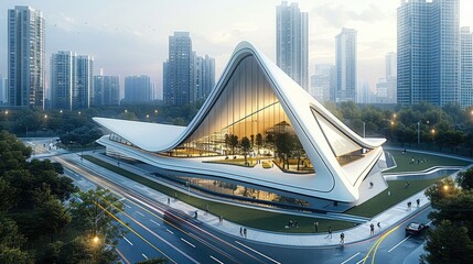 Aufkleber - A modern triangular shaped museum building on the edge of an urban park, surrounded by road and footpath in front and behind it with tall buildings around it, aerial view. Generative AI.