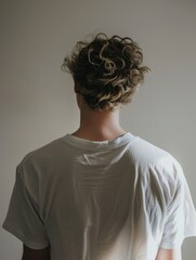 Poster - Young man with curly hair seen from behind in a neutral setting