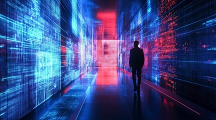 Wall Mural - A person walks down a hallway lit by red and blue neon lights with abstract patterns on the walls.