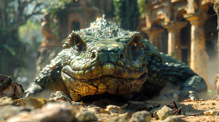 Canvas Print - Close-up of a Lizard in a Ruined Temple