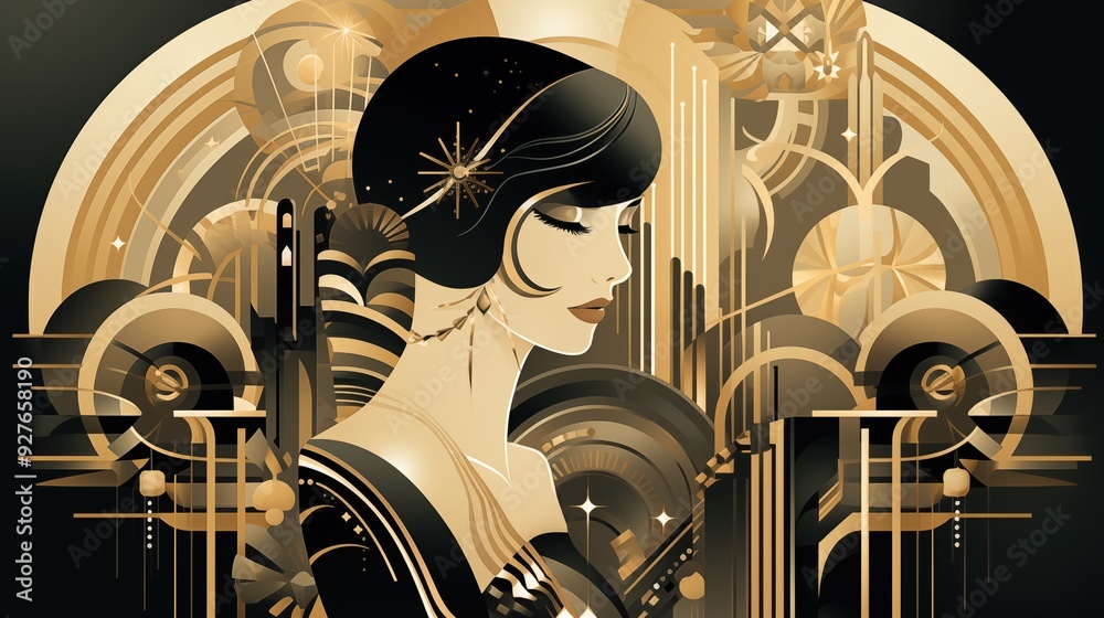 An elegant Art Deco illustration featuring a stylized woman with a bob ...