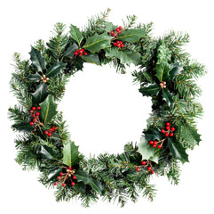 Wall Mural - holiday wreath decorated with holly and berries, cut out - stock png.