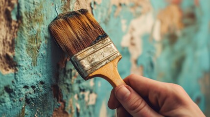 brush in hand for products to restore and paint the wall, indoor the building site of a house, wall during painting, renovation, painting, contractor, Architect, construction worker