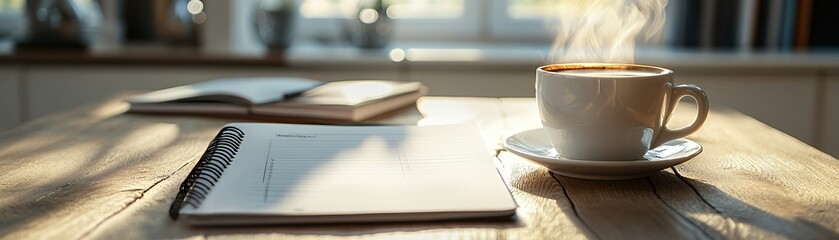 A cup of coffee with steam rising, a notebook and a pen on a wooden table.