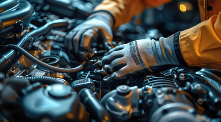 Poster - A mechanic hands are repairing a modern engine. Generative AI.