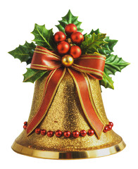 Wall Mural - decorative gold christmas bell with holly, cut out - stock png.