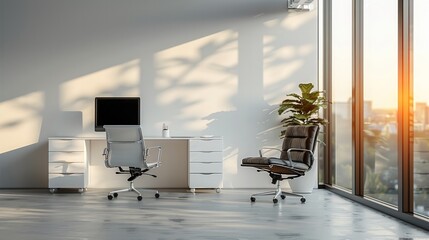 Poster - Modern Office wall decor mockup opposite an empty wall surface, on the right side an office chair and a table with an office computer. Generative AI.