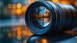 © Vlad - 'Closeup of professional camera lens with vibrant city lights reflecting inside, shallow depth of field, night photography equipment, sharp focus and technological precision concept.'