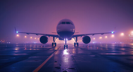 Poster - Airplane on runway at night, color violet and blue. Generative AI.