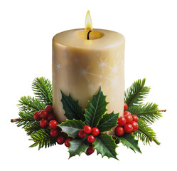 Wall Mural - holiday candle surrounded by festive greenery, cut out - stock png.