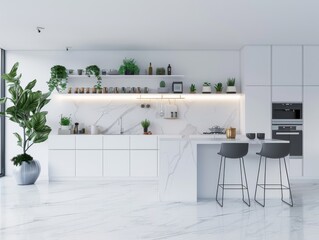 Poster - Modern Minimalist Kitchen with White Cabinets and Indoor Plants