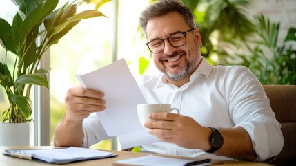Poster - A man is sitting at a desk with a white shirt on and a cup in front of him