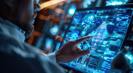 Wall Mural - Scientific researcher holding a digital tablet with ship automation and data diagram on the screen, ship technology concept. Man using hologram to draw graphic plan for project. Generative AI.