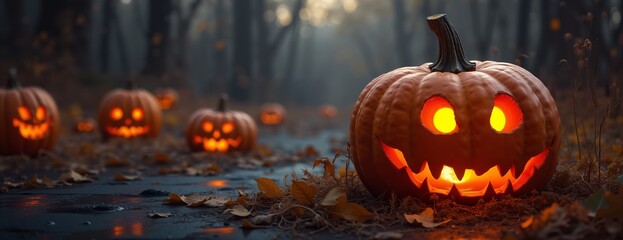 Wall Mural - Glowing Jack-o'-Lanterns with Eerie Expressions in Misty Autumn Forest