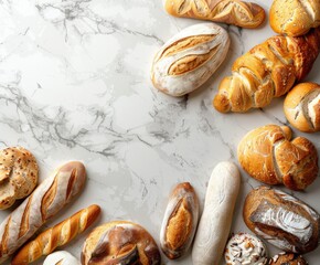 Freshly baked artisanal bread assortment on a marble countertop