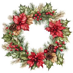 Wall Mural - holiday wreath with red flowers and greenery, cut out - stock png.