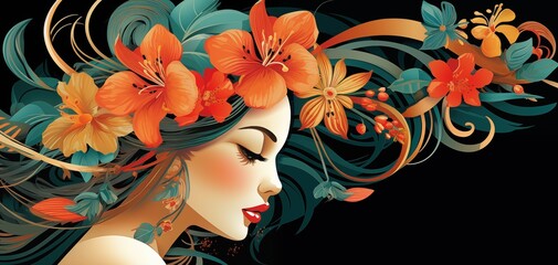 A vibrant art deco illustration of a woman with flowing hair adorned with colorful flowers. The background is black, enhancing the vivid colors of the flowers and the woman's features. 