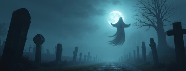 Wall Mural - Ghostly figure with eerie presence floating in moonlit graveyard against misty background