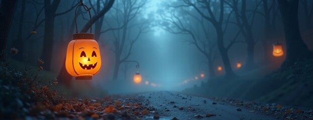 Wall Mural - Glowing Halloween Lanterns Illuminating Spooky Misty Forest Path