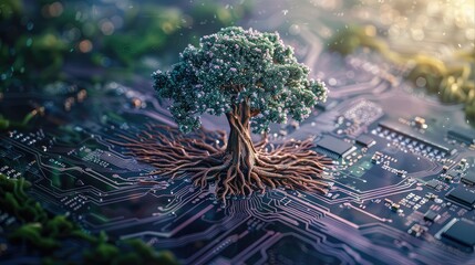 Leinwandbilder - A computer motherboard with a tree growing out of it, blending technology with nature. The motherboard should be detailed, with circuits and components visible. Generative AI.