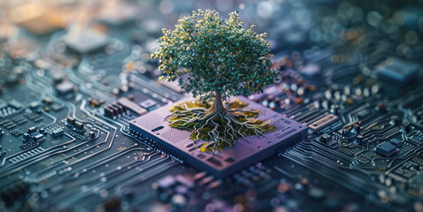 Leinwandbilder - A computer motherboard with a tree growing out of it, blending technology with nature. The motherboard should be detailed, with circuits and components visible. Generative AI.