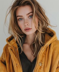 Poster - Winter casual fashion in studio with cozy yellow jacket