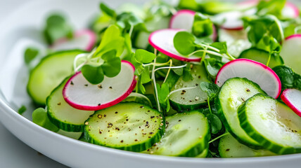 Poster - Macro shot of cucumber salad with thin cucumber ribbons radish slices and microgreens drizzled with balsamic glaze isolated on a white background 