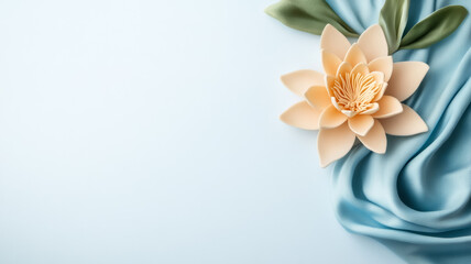 Poster - Overhead shot of a meditation themed picture frame with soft flowing fabric a single lotus and gentle waves in calming pastel tones isolated on a white background 