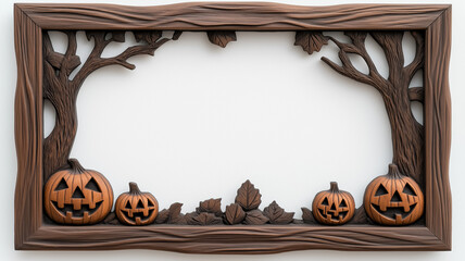 Sticker - Overhead view of a small rectangular Halloween picture frame with dark intricate carvings of haunted trees and jack o lanterns isolated on a white background 