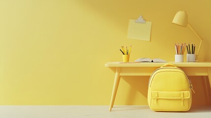 Poster - Yellow school backpack and stationery on a yellow wall
