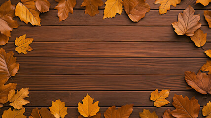 Canvas Print - Rustic wooden planks texture with scattered autumn leaves perfect Thanksgiving background rich browns and yellows with natural grain showing 