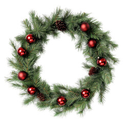 Wall Mural - holiday wreath with red ornaments and pinecones, cut out - stock png.