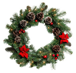 Wall Mural - festive holiday wreath with lights and pinecones, cut out - stock png.